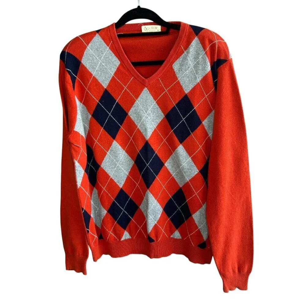 J Crew Men's Cotton Cashmere Argyle V Neck Sweater Size XL